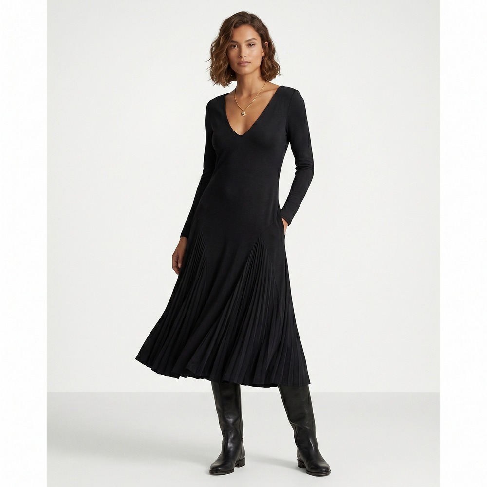 Polo Ralph Lauren Black Viscose Drop Waist Pleated Dress V-Neck Long Sleeve SM